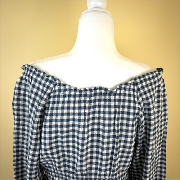 MADEWELL Navy /White Checkered Off The Shoulder Peasant Cropped Ruffle Top (L) - Picture 10 of 15